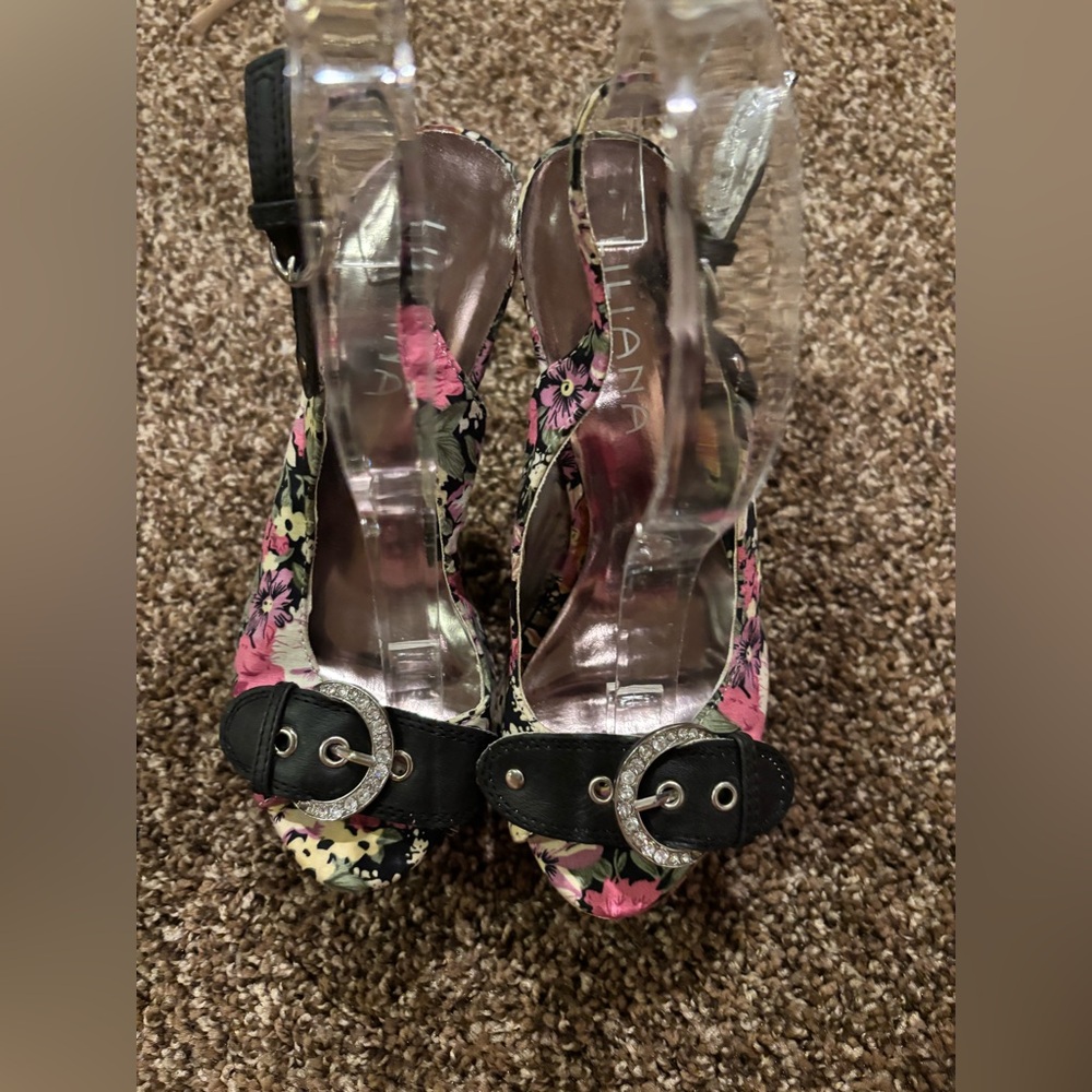 Liliana Black and Pink Floral with cute rhinestone buckle with cork heels.